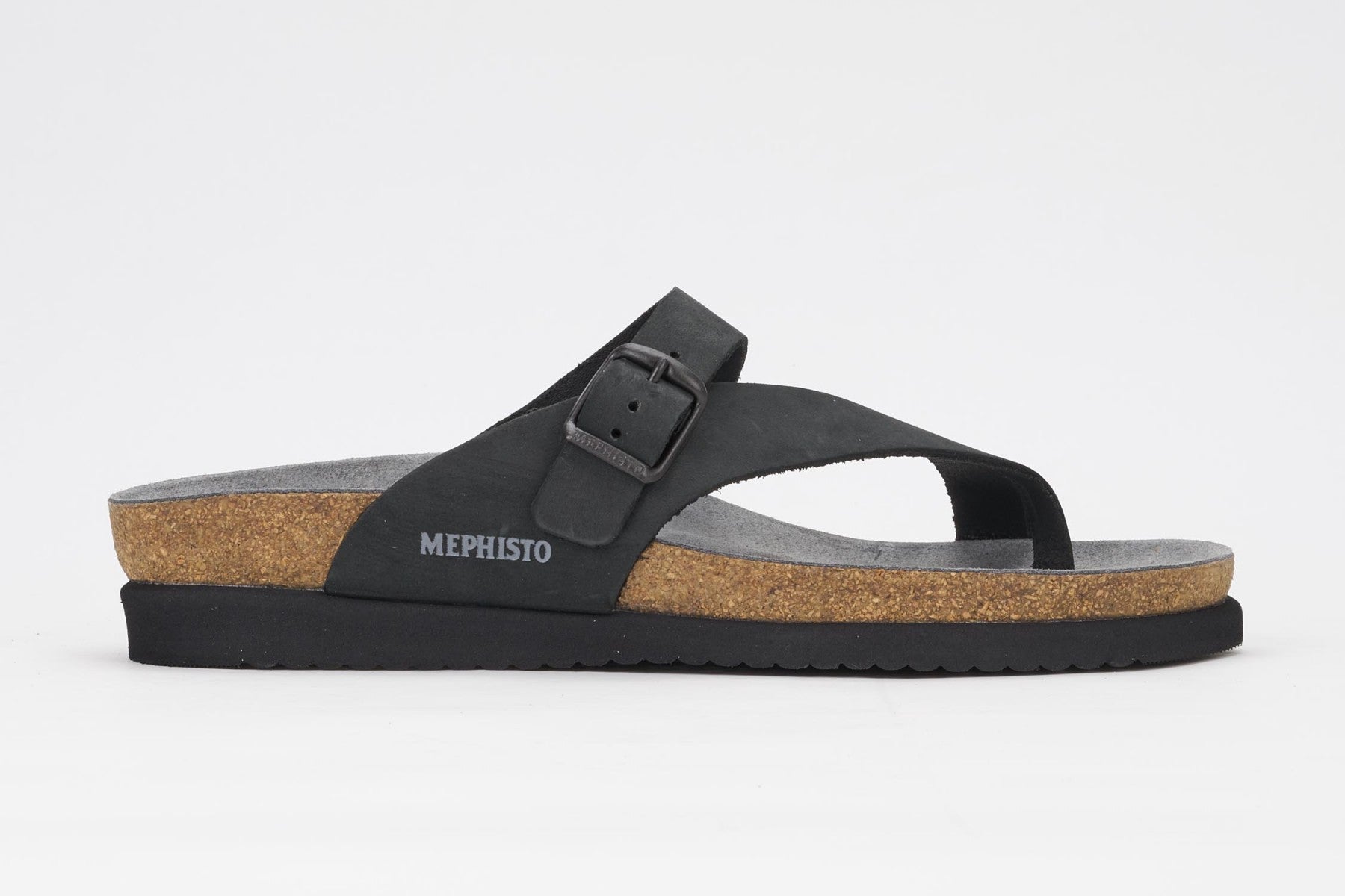 Mephisto Women's Helen Black Nubuck 6000 cork foot-bed buckle slide sandal side view