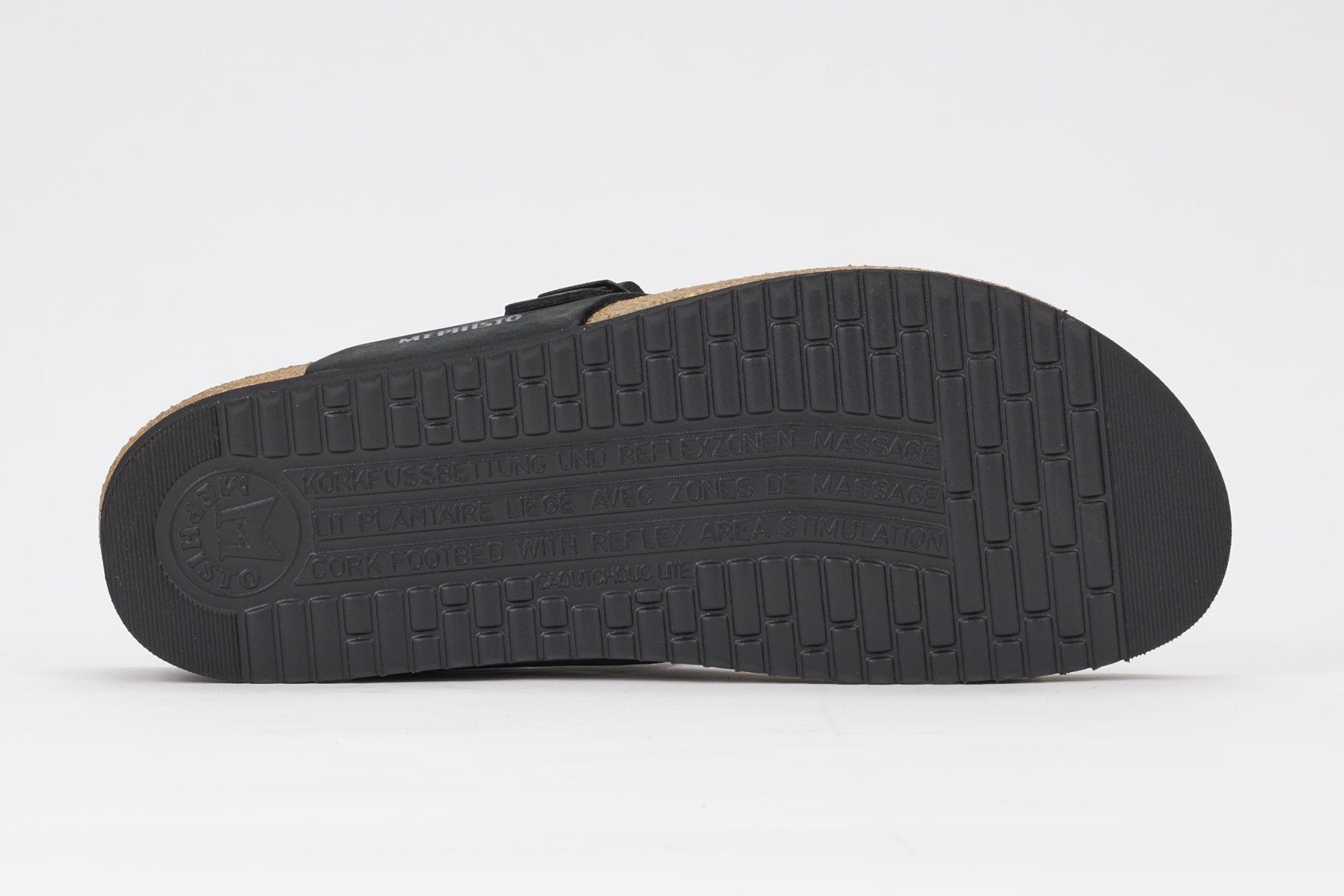 Mephisto Women's Helen Black Nubuck 6000 cork foot-bed buckle slide sandal bottom view