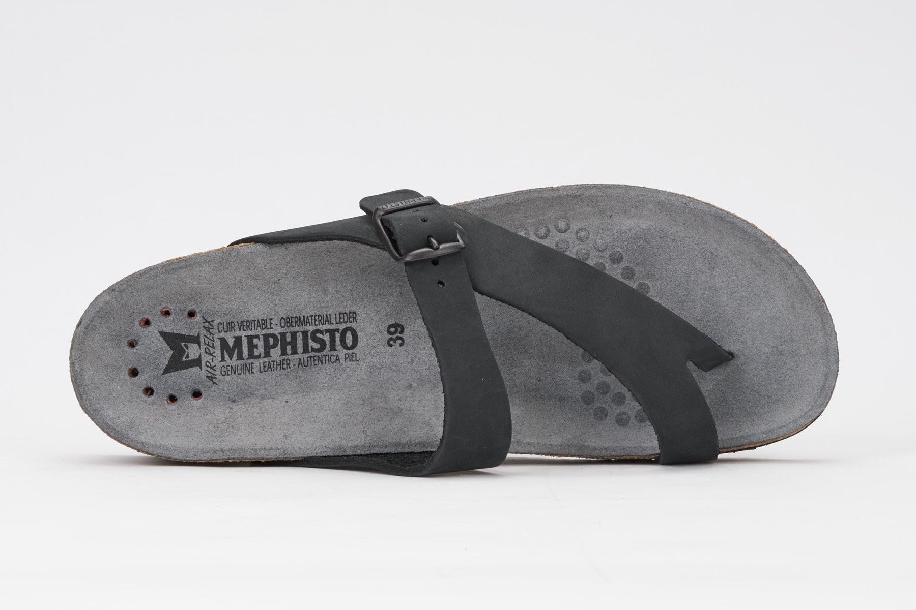 Mephisto Women's Helen Black Nubuck 6000 cork foot-bed buckle slide sandal top view
