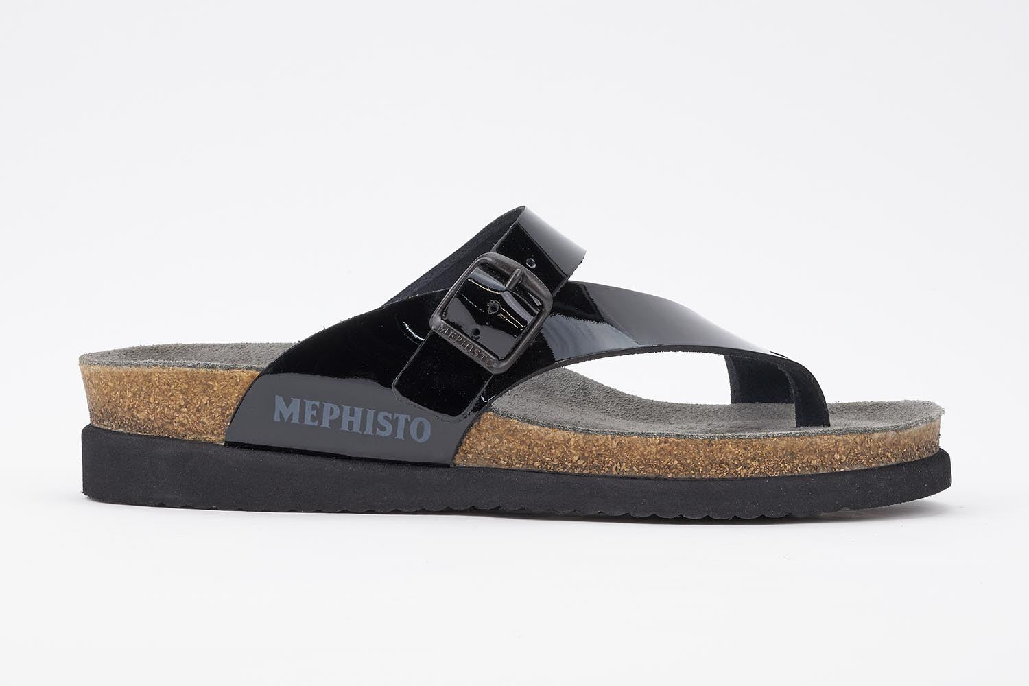 Mephisto Women's Helen Black Patent 1100 cork foot-bed buckle slide sandal side view