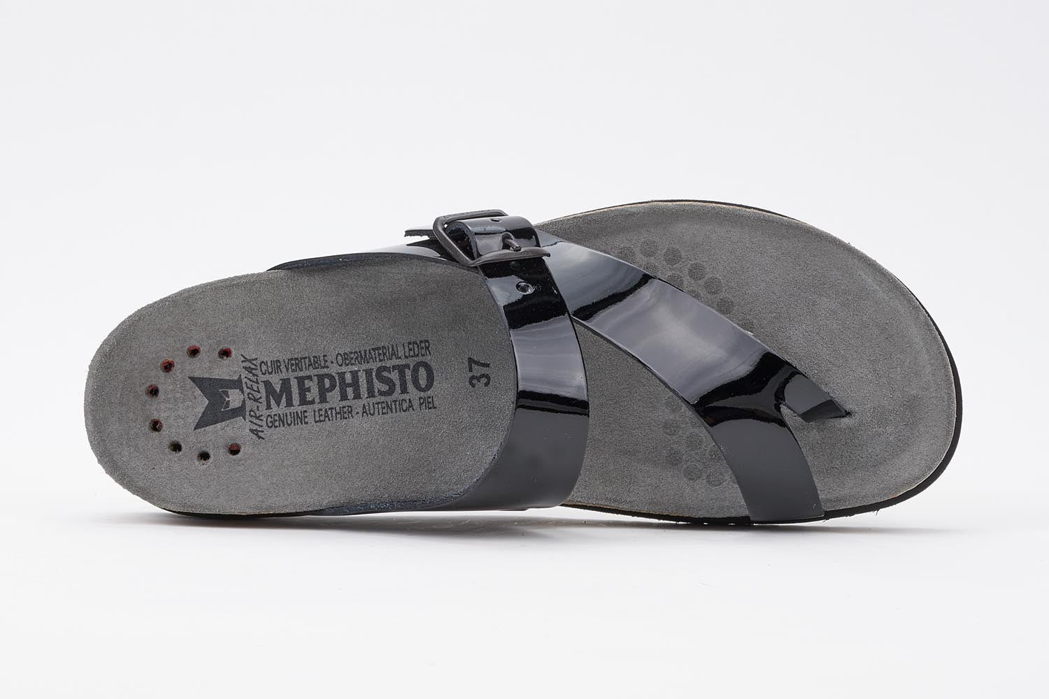 Mephisto Women's Helen Black Patent 1100 cork foot-bed buckle slide sandal top view