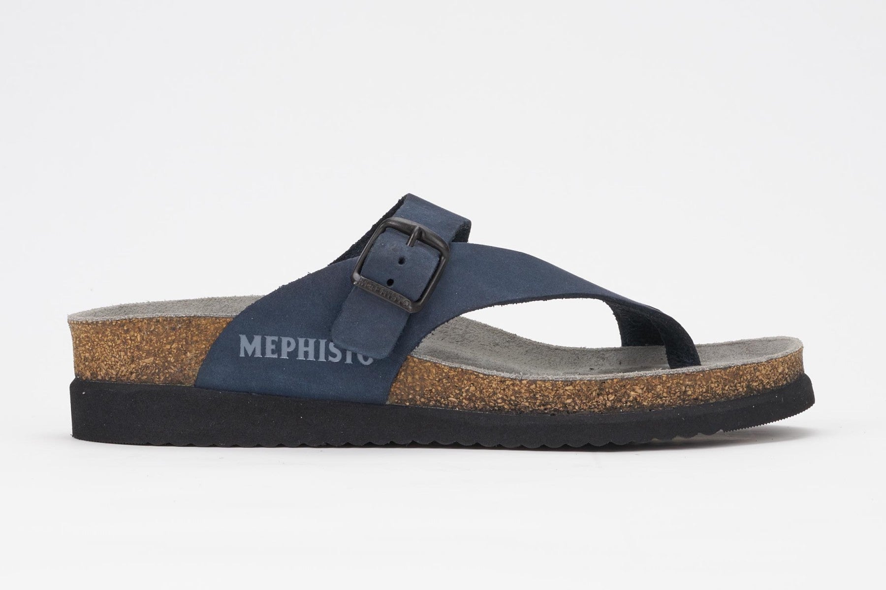Mephisto Women's Helen Navy Nubuck 6045 cork foot-bed buckle slide sandal side view