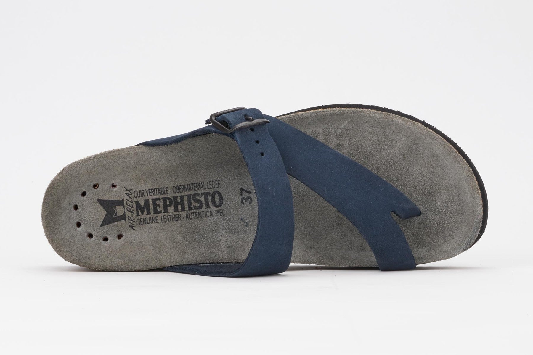 Mephisto Women's Helen Navy Nubuck 6045 cork foot-bed buckle slide sandal top view