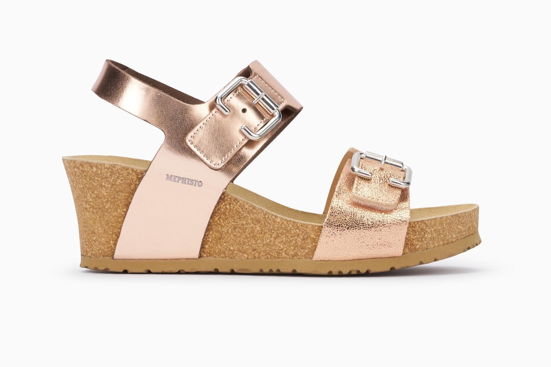 Mephisto Women's Lissandra Rose Gold Two Strap Velcro Wedge Sandal Side View