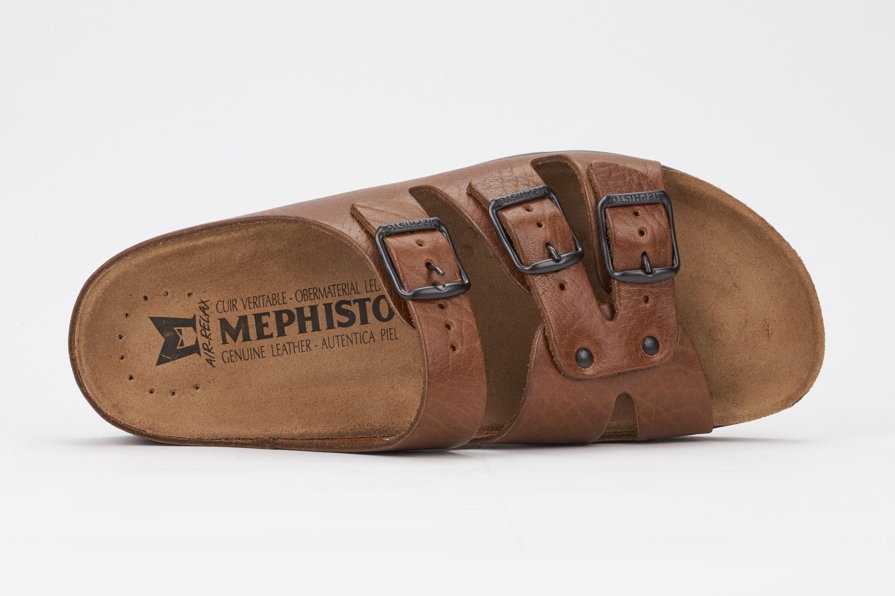 Mephisto Men's Zach Tan Grain 4442 cork foot-bed three buckle slide sandal top view