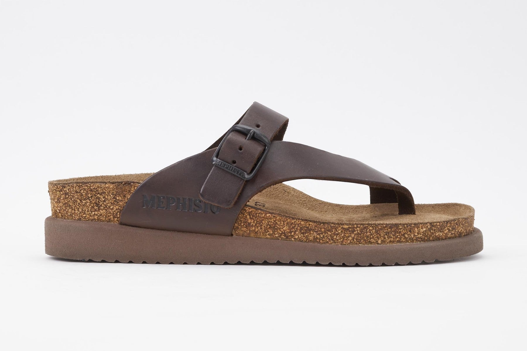 Mephisto Women's Helen Dark Brown Scratch 3451 cork foot-bed buckle slide sandal side view
