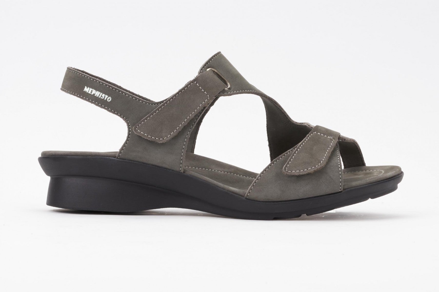 Mephisto Women's Paris Pewter Bucksoft 6925 back strap casual dress walking sandal with two Velcro upper straps side view