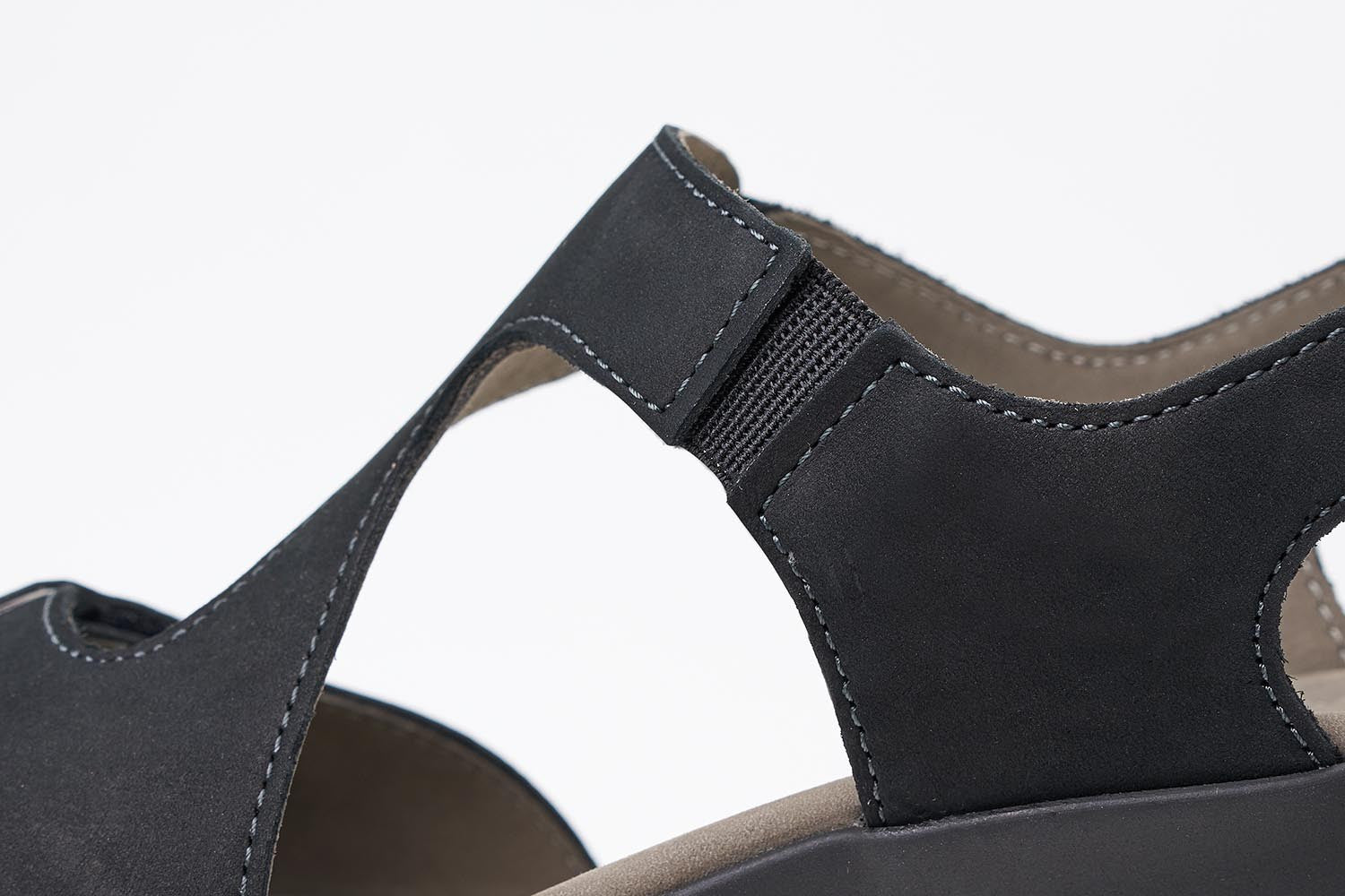 Mephisto Women's Paris Black Bucksoft 6900 back strap casual dress walking sandal with two Velcro upper straps close up view